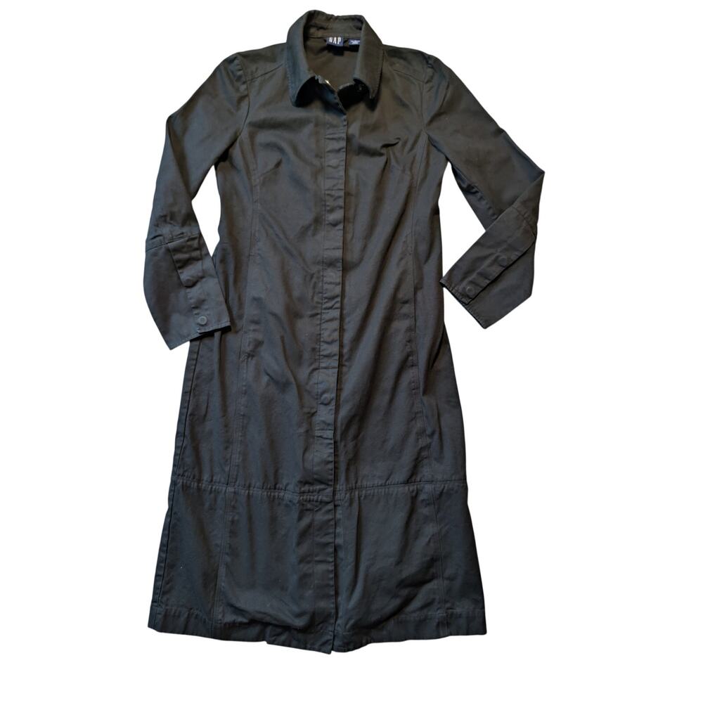 Vintage GAP Women’s Black Cotton Minimalist Button Front Long Coat Size Medium